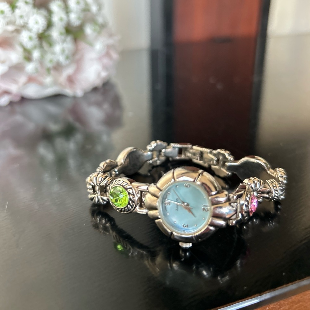 japan movt Silver Bracelet Watch with Blue Face and Gem Accents
